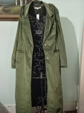 Free People Hailey Olive Chive Green Long Women's Velvet Duster Coat L